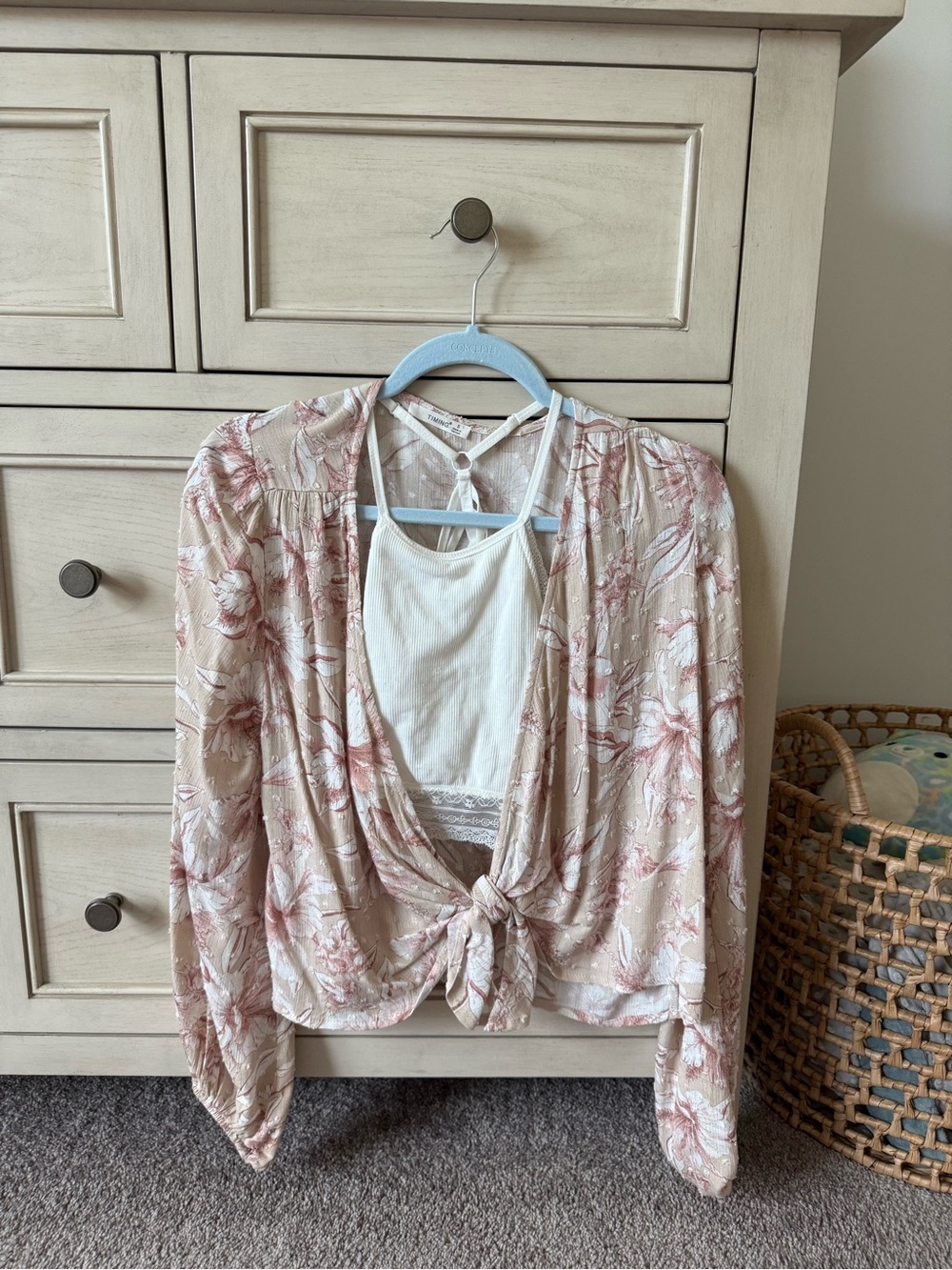 Floral Tie-Front Long Sleeve Top in Blush